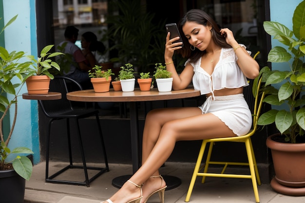 Estilo de vida digital en Colombia hermosa mujer colombiana con un teléfono en un café en Colombia