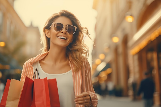 Foto estilo de vida empresarial consumismo y concepto de compras mujer feliz con bolsas de compras disfrutando de las compras