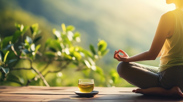 Un estilo de vida feliz bebiendo té al aire libre