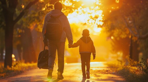 Foto estilo de vida inclusivo para niños con autismo autismo niño y tutor paseando afuera al amanecer en su camino a la escuela ia generativa