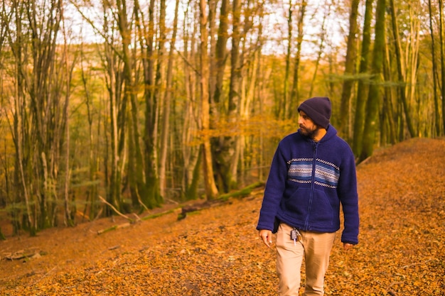 Estilo de vida, un joven con un suéter de lana azul disfrutando del bosque en otoño. Bosque de Artikutza en San Sebastián, Gipuzkoa, País Vasco. España