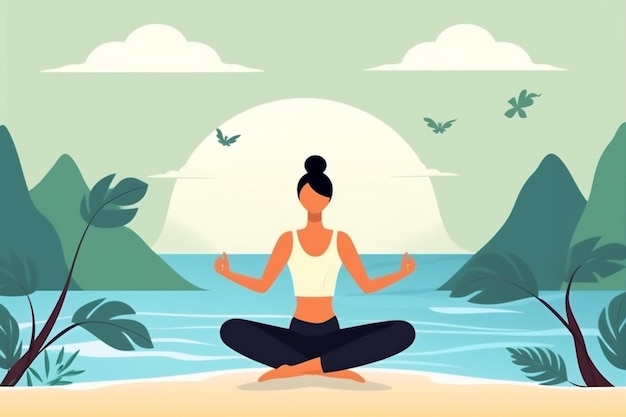 Estilo de vida mujer espalda persona relajación meditación océano mar yoga loto ejercicio IA generativa