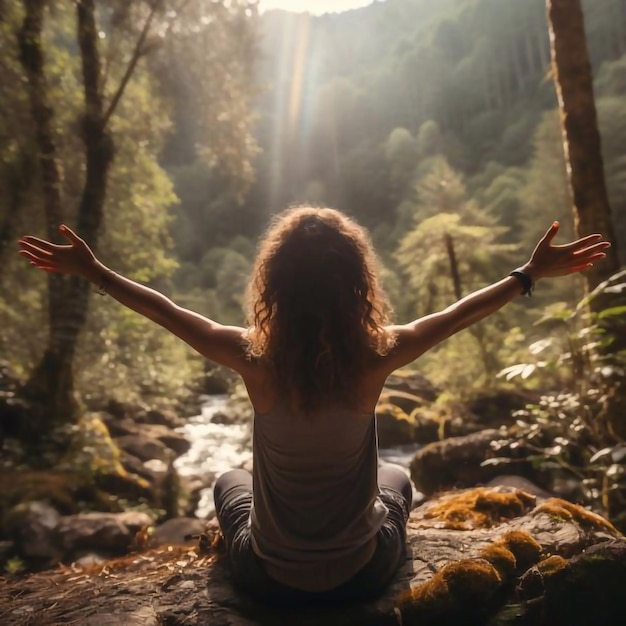 Estilo de vida natural saludable mujer celebrando el día de la tierra levantando los brazos con felicidad Interior lo