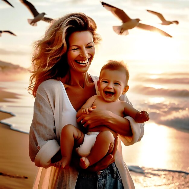 Estilo de vida un padre con un bebé en la playa al atardecer generativo ai