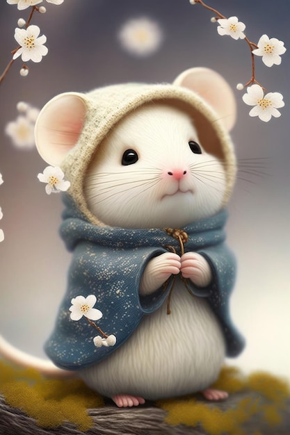 El estilo de vida de un pequeño ratón blanco más lindo con suéter y gorra IA generativa