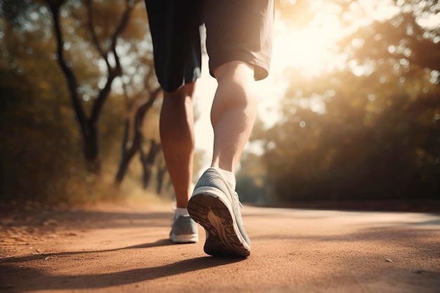 Estilo de vida saludable Piernas de hombre en el deporte shoose corriendo en un cálido día de otoño AI generado