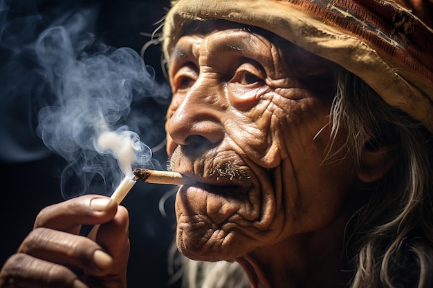 Foto estilo de vida tabaco persona que fuma retrato asiático tradición cultura de la tribu cara asiática