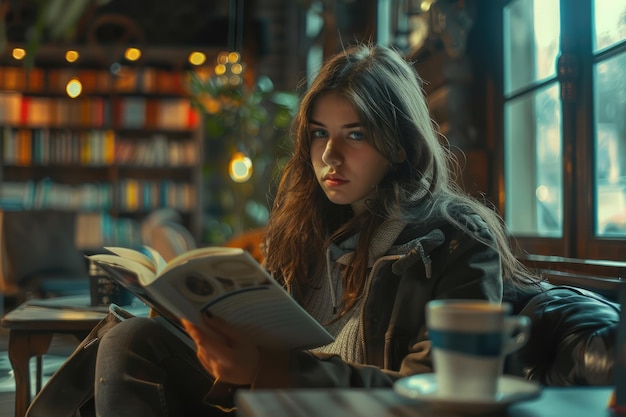 estilo de vida urbano mujer joven leyendo un libro y bebiendo café