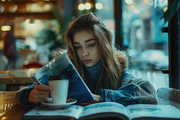 estilo de vida urbano mujer joven leyendo un libro y bebiendo café