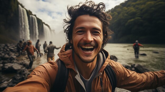 Foto estilo de vida de viaje un turista guapo visitando un parque nacional tomando una selfie frente al agua