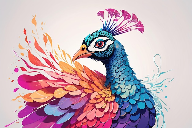 Un estilo de vidrio de neón teñido con un brillante logotipo de pájaro pavo real aislado en un fondo blanco