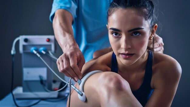 Foto estimulação elétrica em fisioterapia a uma jovem