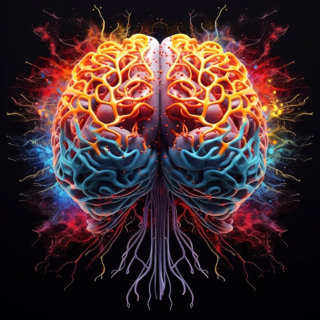 Estimulação ou atividade cerebral humana com neurônio em close-up Ilustração de renderização 3D Neurologia cognição rede neuronal psicologia neurociência conceitos científicos