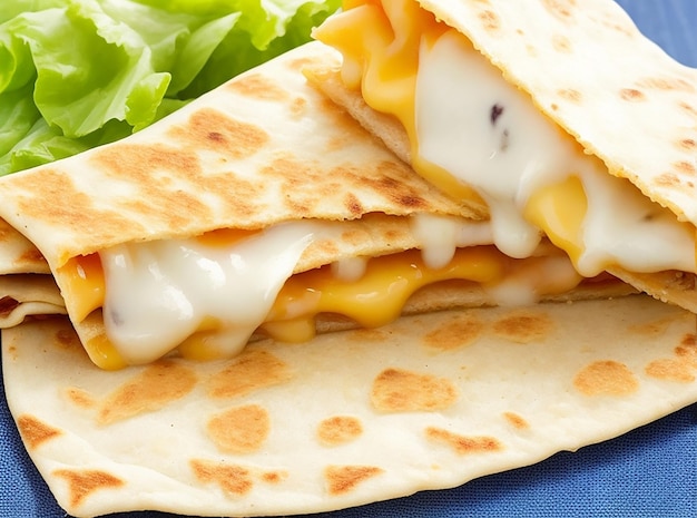 Estiramiento de queso y primer plano de relleno dentro de la quesadilla mexicana