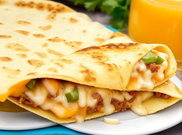 Estiramiento de queso y primer plano de relleno dentro de la quesadilla mexicana