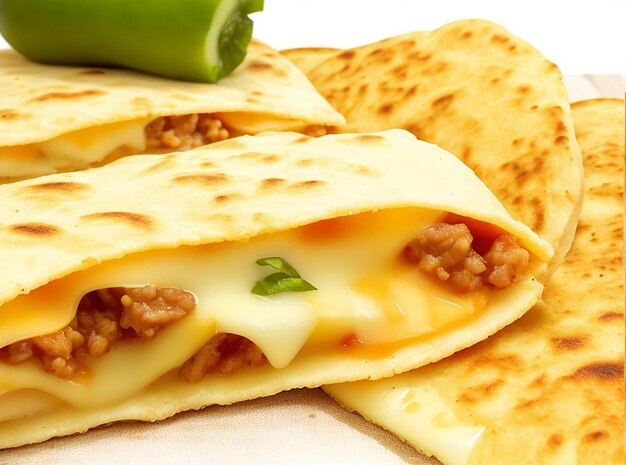 Estiramiento de queso y primer plano de relleno dentro de la quesadilla mexicana