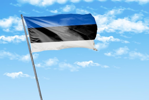 Estland schwenkt 3D-Flagge auf einem himmelblauen Hintergrund mit Wolken