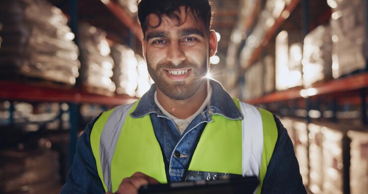 Foto estocagem de retrato e tablet com homem no armazém para ordem on-line de distribuição ou envio para entrega sorriso logístico e cadeia de fornecimento com pessoa no depósito para lista de verificação ou inspeção de carga