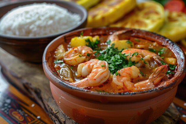 Estofado de camarón brasileño con puré de arroz y harina de mandioca