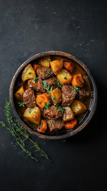 Estofado de carne casera con verduras en un fondo oscuro