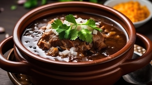 Foto estofado de carne con verduras y especias en una olla en una mesa de madera