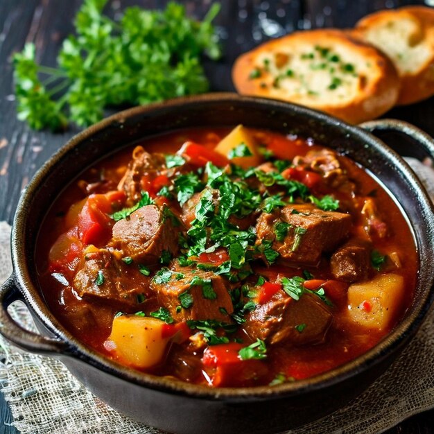 Estofado de carne con verduras y perejil en un cuenco rústico