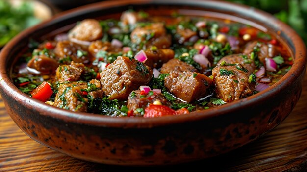 Estofado de cerdo picante de Sarapatel brasileño en un plato de terracota