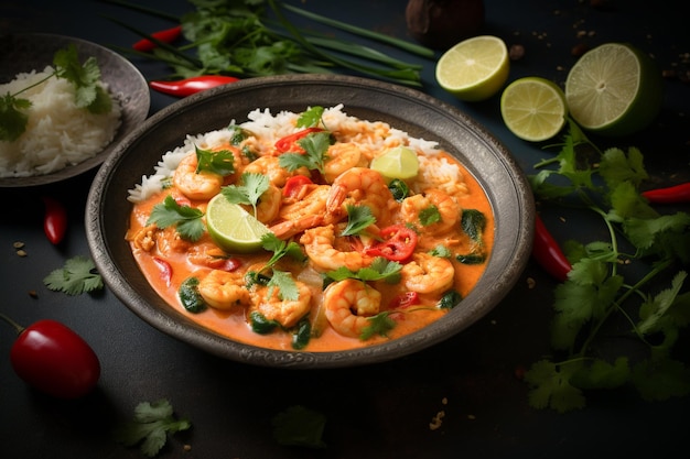 Estofado de comida tradicional brasileña Moqueca con deliciosos ingredientes