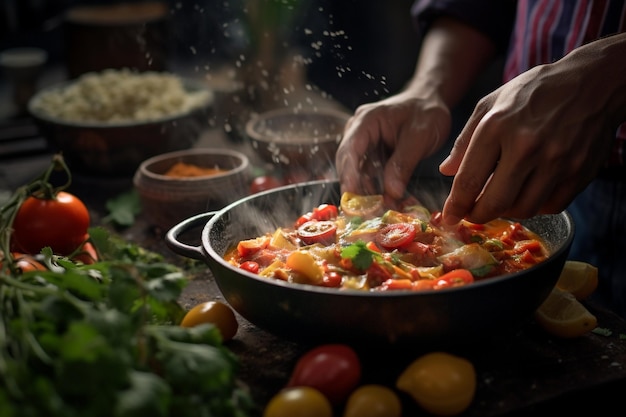 Estofado de comida tradicional brasileña Moqueca con deliciosos ingredientes