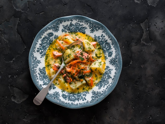 Estofado cremoso con salmón y patatas en un fondo oscuro vista de arriba