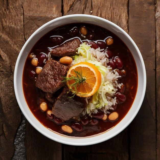 Foto estofado de frijoles feijoada comida tradicional brasileña carne seca de res repollo frijoles de arroz naranja