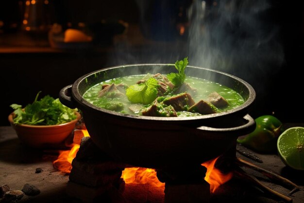 Estofado de pozole verde caliente al vapor