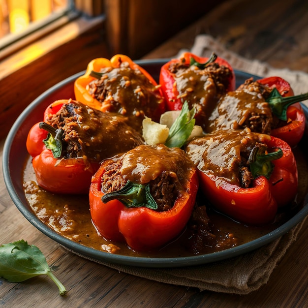 estofado en salsa relleno de pimientos en un plato en una mesa de madera