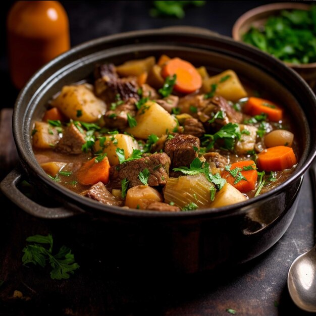 Estofado de ternera bourguignon con patatas, zanahorias y perejil