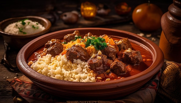 Estofado de ternera casero con verduras frescas y arroz generado por IA