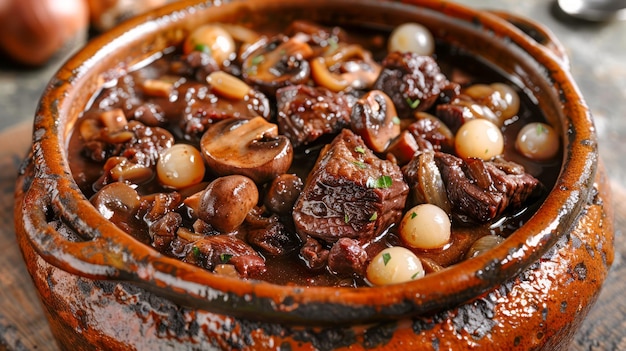 Estofado tradicional de carne cozida lentamente com cogumelos, ervas e cebolas em uma panela de terracota rústica