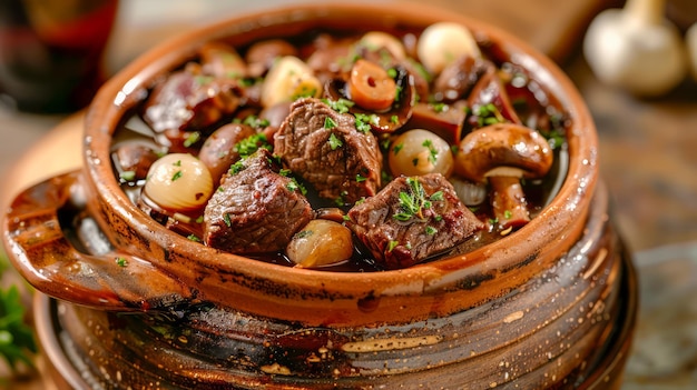 Estofado tradicional de carne de vaca em uma panela de barro com cogumelos, cebolas e ervas frescas.