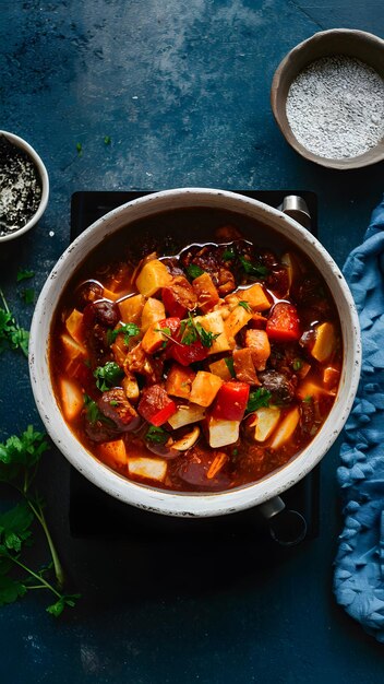 Foto estofado vegetariano saludable cocinado en una estufa rústica de quemador superior papel tapiz móvil vertical