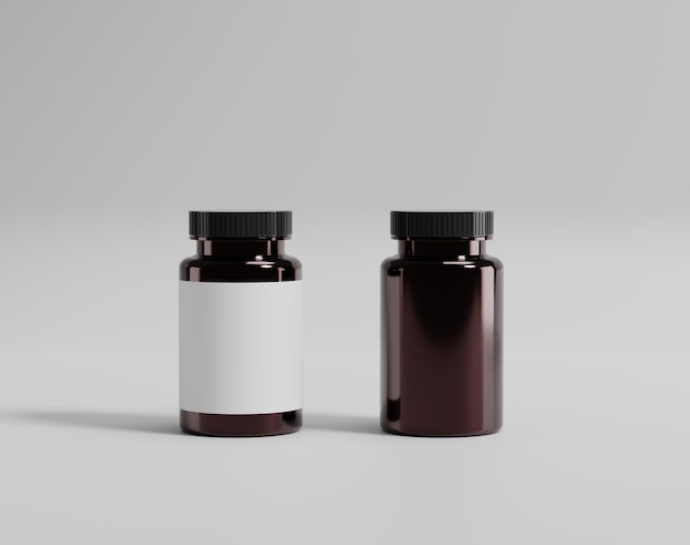 Estojo de comprimidos marrom, recipiente de plástico redondo, renderização em 3d, ilustração em 3d