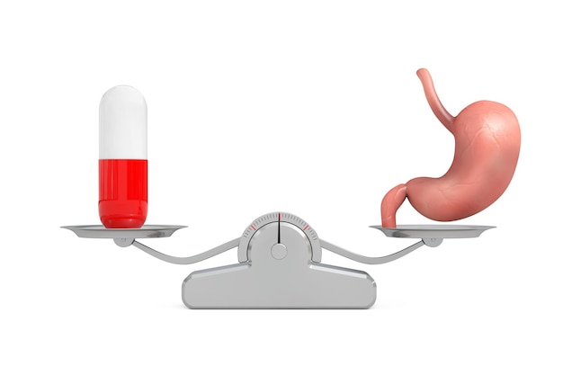 Estómago humano Anatomía Órgano interno con píldora de cápsula Equilibrio en una escala de ponderación simple Representación 3d