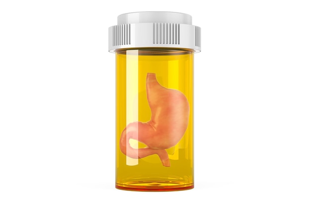 Estômago humano dentro da garrafa médica de pílulas Estômago e conceito de drogas renderização em 3D