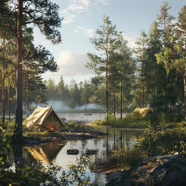 Estonian Summer Camping Adventure Tent em Woods by Lake