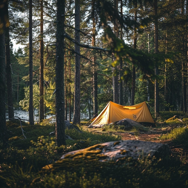 Estonian Summer Camping Adventure Tent em Woods by Lake