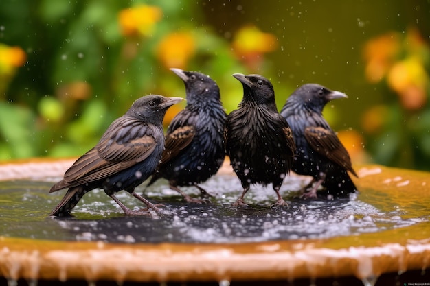 Estorninhos fazendo um banho de pássaros com gotas de água pulverizando