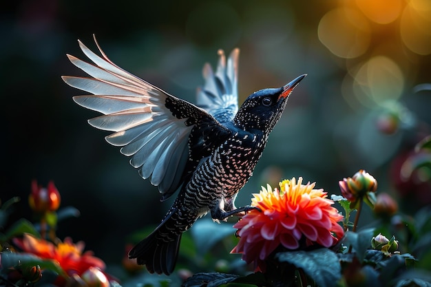 Un estornino extiende sus alas entre las coloridas flores al anochecer