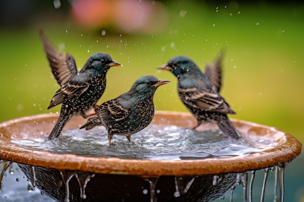 Los estorninos tomando un baño de pájaros con gotas de agua rociadas