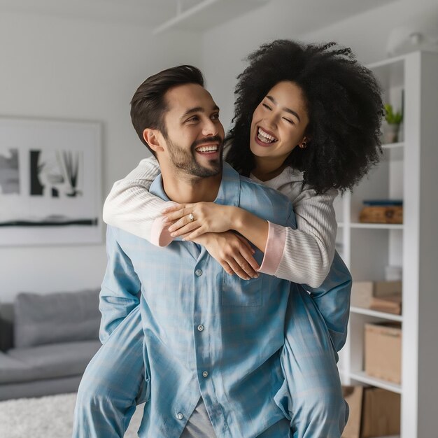 Foto estou tão feliz contigo mulher alegre em pijama confortável rindo enquanto brincando e brincando com seu b