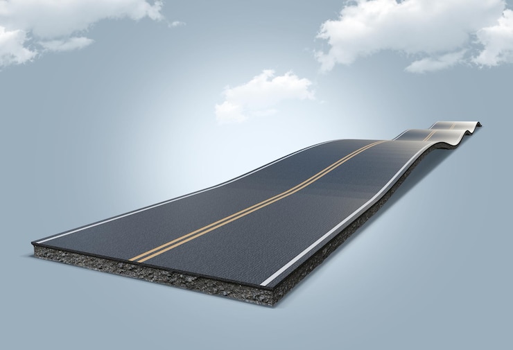 Estrada 3D e céu 3D flutuante estrada e terra manipulação de imagem design auto-estrada céu ensolarado conceito velocidade