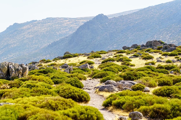 Estrada ao cume da montanha rochosa na serra de Madrid La Morcuera