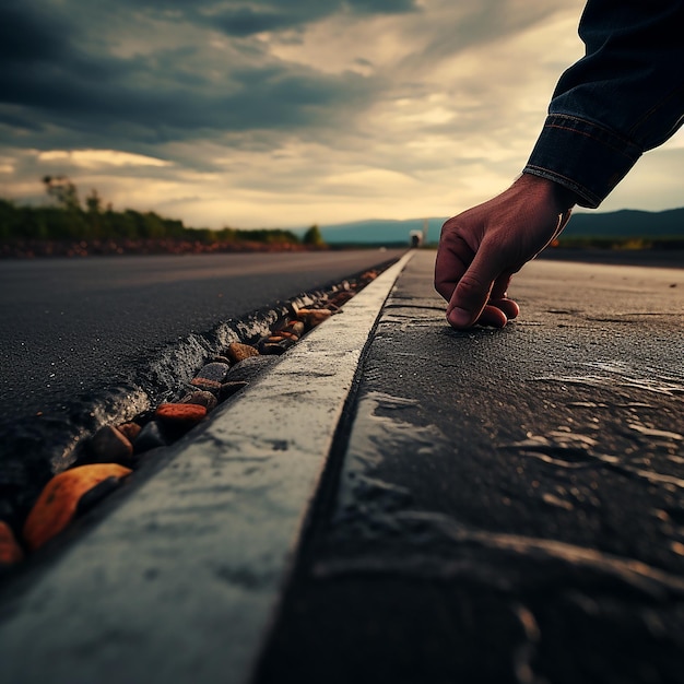 Estrada asfaltada com dedos humanos